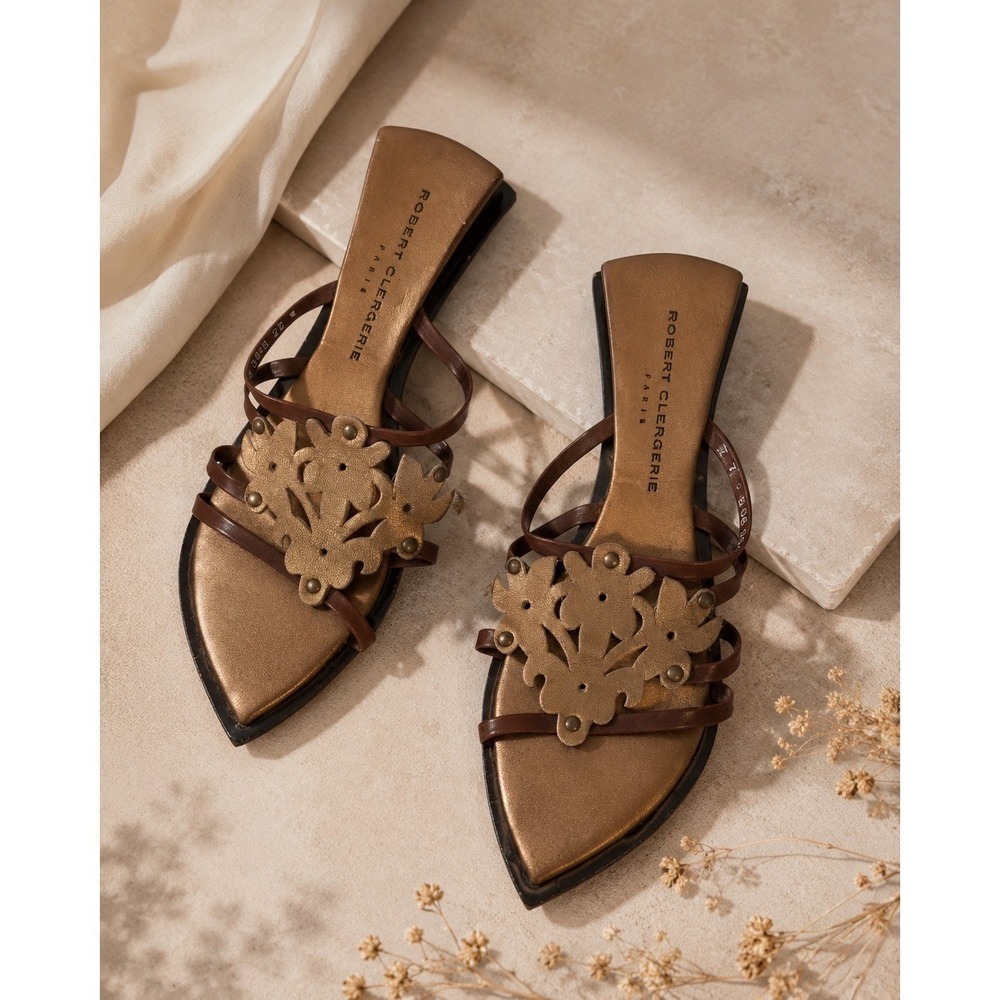 Robert Clergerie Paris Leather Floral Strappy Flat Sandals Brown Bronze Size 7